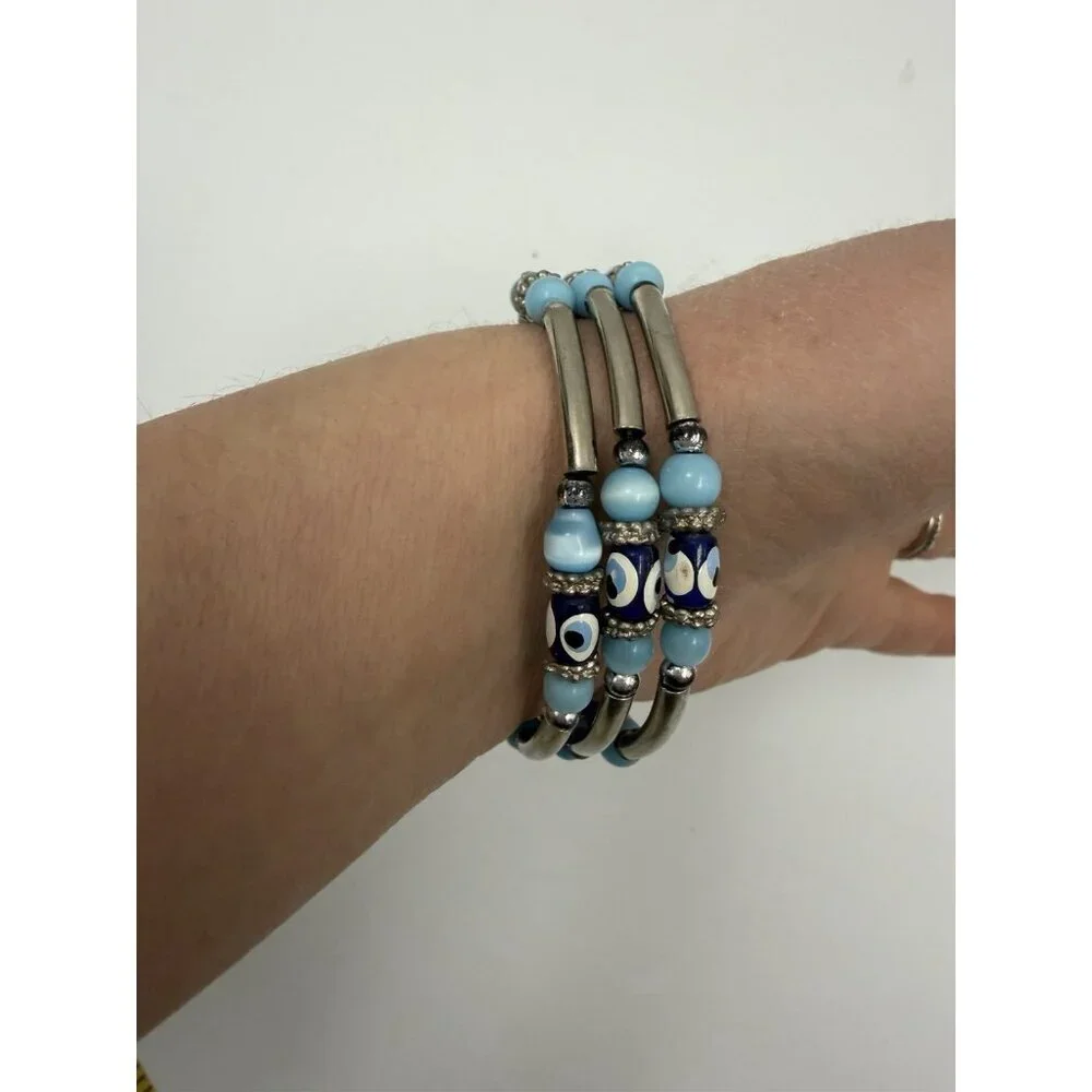Vintage Silver Tone Layer Blue  Round & Barrel Beaded Bracelet